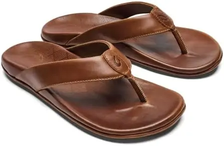 OLUKAI Auinala Men's Sandals, Leather, Lightweight Flip-Flop Slides, Compression Molded Footbed - Image 5