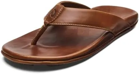 OLUKAI Auinala Men's Sandals, Leather, Lightweight Flip-Flop Slides, Compression Molded Footbed