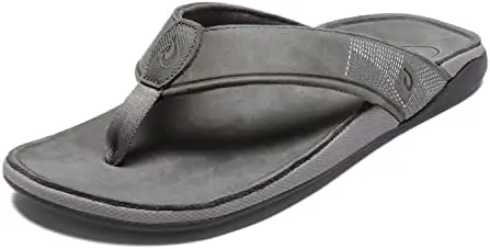 OLUKAI Tauhine Men's Beach Sandals, Quick Dry Flip-Flop Slides, Waterproof Full-Grain Leather & Wet Grip Soles, Soft Comfort Fit & Arch Support
