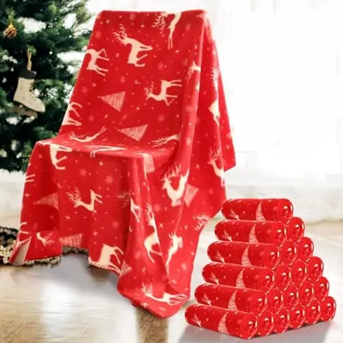 Preboun 24 Pack of Bulk Christmas Soft Fleece Blankets 50 x 60 Inch Bulk Throw Blankets Lightweight Warm Fleece Throw Blankets for Pet Bed Sofa Couch Office Wedding Gifts Travel Seasons and Homeless